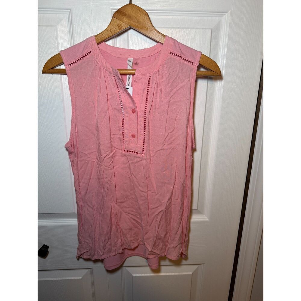 NY Collection Pink Swiss Dot Sleeveless Henley Blouse Women's Small NWT
